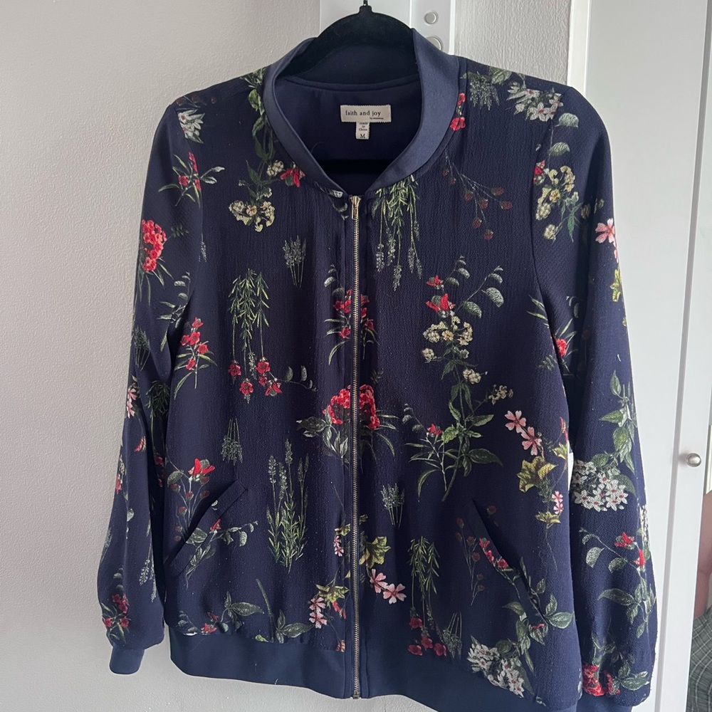 Faith and Joy Blue and Red Bomber Jacket with Floral Design